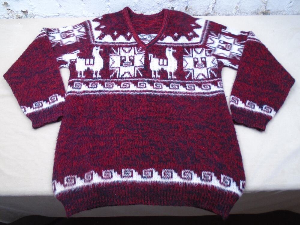 Vintage 90s Alpaca Red Aztec V Neck Sweater Wool Knit Llama Size Medium